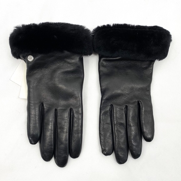 UGG Womens Shorty-Cuff Leather Gloves Black - Picture 2 of 9